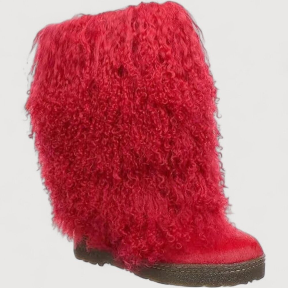 Bearpaw Boetis Red Curly Lamb Fur Sheepskin Lined Mongolian Sherpa Boots 7 NEW